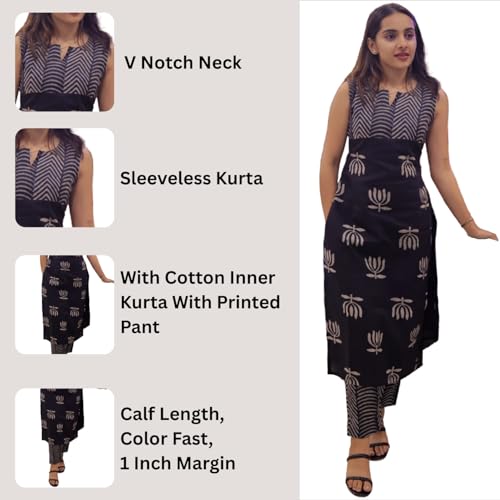 Image of Sun Fashion And Lifestyle Women's Rayon Stitched Butti Handblock Print Calf Length Casual Straight Kurta Set (KP49 Black)