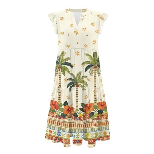 Image of Women's Casual Ruffle Sleeve Dress V Neck Pullover Dress Flowy A-Line Pleated Lightweight Dress with Pockets