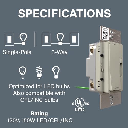 Image of Legrand Radiant 150W LED Dimmer Light Switch 3-Way Rocker Nickel 1 Pack | Pass & Seymour LED Optimized, Decorator Rocker Dimmer Switch, for Dimmable LED Bulbs, Flicker-Free