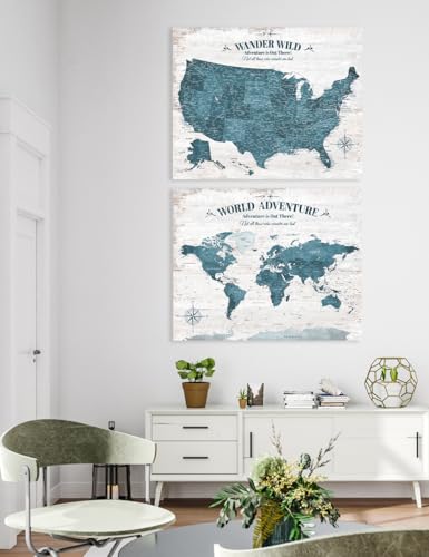 Image of IPIC Vintage Teal World Maps for Wall, World Map Canvas, Size 30x24 in