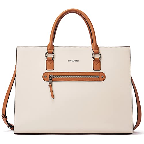BOSTANTEN Briefcase for Women Leather Laptop Handbag 15.6 Inch Computer Bag Off-white with Brown