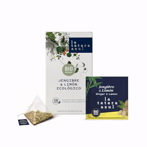 LA TETERA AZUL Infusión Ecológica De Jengibre Y Hierba Limón. Té Adelgazante Orgánico En Pirámides. Ginger & Lemon. 20 Pirámides.