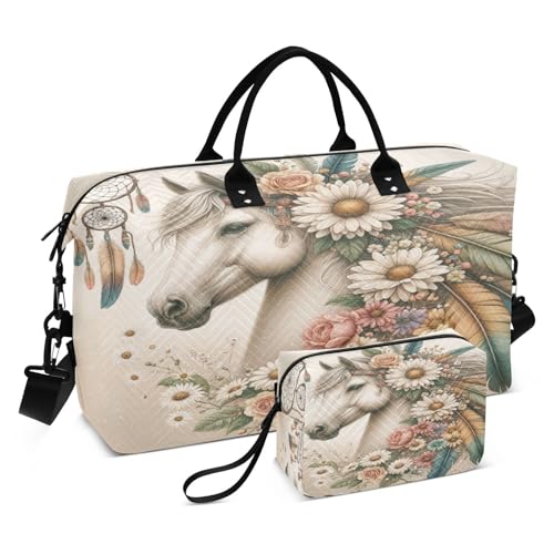 senya Horse Travel Duffle Bag Gym Bag, Horse Flowers Feathers Weekender Bags for Women with Toiletry Bag Travel Tote Bag Swim Bag