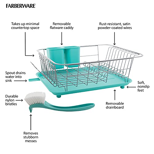 Image of Farberware Compact Dish Drying Rack with Drainboard, Flatware Caddy and Sink Brush, Teal - Holds 9 Plates, Fits Small Kitchens, Apartments and Dorms