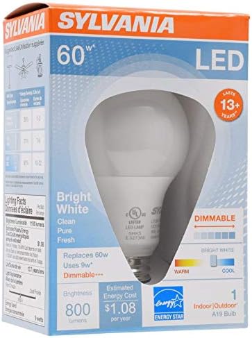 Miniatura 2 de Sylvania - Bombilla LED A19, 9 W, equivalente a 60 W, 13 años, regulable, 800 lúmenes, 3500 K, blanco brillante, paquete de 2 (71185)