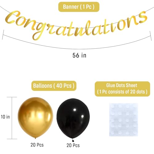 Image of Party Propz Congratulations Decoration Items - Set of 42 Pcs Congratulations Banner For Decoration | Black and Golden Balloons | Graduation Decoration | Happy Retirement Decoration (Latex, Cardstock)
