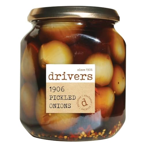Drivers Traditional 1906 Pickled Onions - Traditional Drivers Spicy Vinegar Recipe Hand Picked and Peeled Onions Picklers Since 1906 Tangy Taste Suitable for Vegetarians and Vegans - 550 g Jar