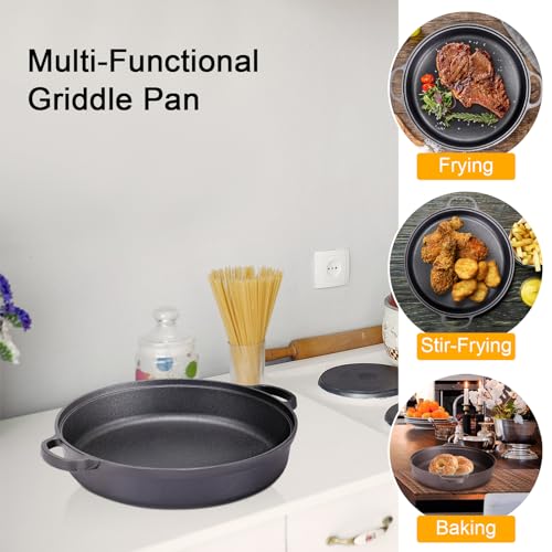 Warmiehomy Cast Iron Griddle Pan,35cm Pre-Seasoned Non-Stick Grill Pan,Round BBQ Skillet with 2 Handles for Gas Induction Hob,Flat Surface - Image 3