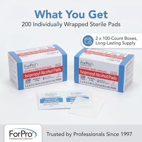 Image of ForPro Alcohol Prep Pads, 200-Count Sterile Alcohol Wipes Individually Wrapped, 70% Isopropyl, Medium 2-Ply Medical Grade Antiseptic Pads, Latex-Free, First Aid & Injection Prep, Gamma Sterilized