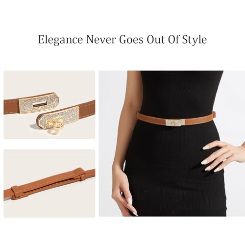 Women Skinny Leather Belt with Rhinestone Turn-Lock Buckle, Adjustable Thin Waist Belts for Dresses, Jeans, Coats (Brown)4