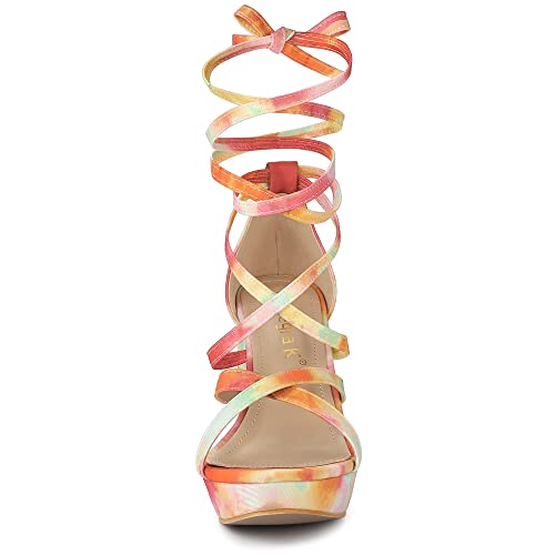 Allegra K Women's Tie Dye Platform Chunky Heel Lace Up Sandals3