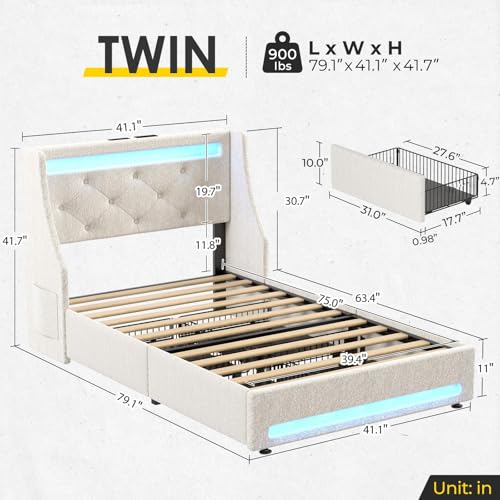 Image of Rolanstar Twin Bed Frame with LED Lights and Charging Station, Upholstered Bed with Drawers, Wooden Slats, Noise Free, Easy Assembly, Beige
