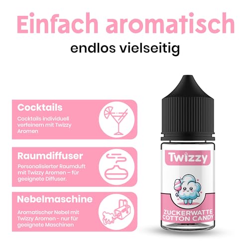 Twizzy Zuckerwatte Lebensmittelaroma -30ml- Intensives Aroma – Ideal zum Backen, in Lebensmitteln & Getränken, auch für Vernebler, Nebelmaschinen, uvm