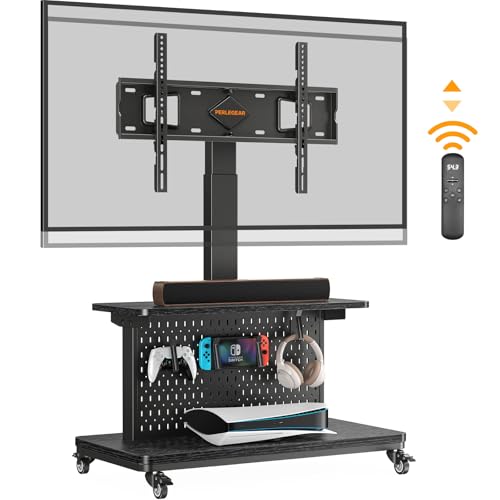 Perlegear Motorized Mobile TV Stand on Wheels, Electric Height Adjustable TV Cart for 32-80&Prime; TVs up to 100 lbs, Rolling TV Stand with Remote Control, 4 Height Memory, &plusmn;35&deg; Swivel with Pegboard Storage