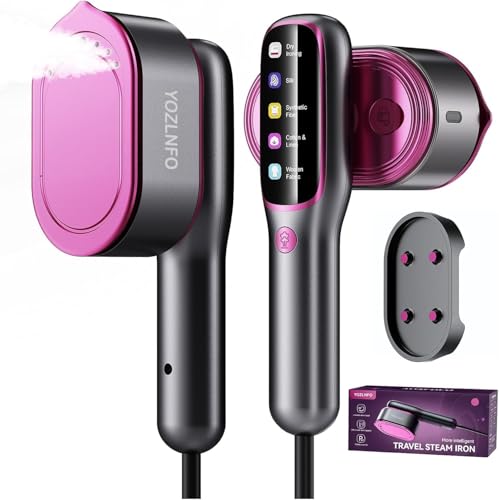Image of Portable Travel Steamer: 2-in-1 Mini Handheld Garment Steamer Iron - Fast 15s Heat Up & 5 Steam Settings - Large Ceramic Panel - Purple Pink Color - 110-120V Purple Pink