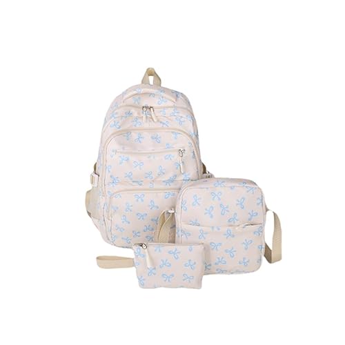 Bow Backpack for Women 3Pcs Set Kawaii Coquette Nylon Backpack Cute College Laptop Rucksack Fashion Travel Daypack (White Blue)