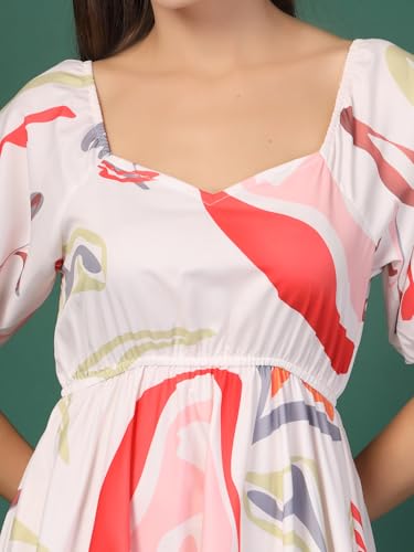Image of OOMPH! Below Knee Shift Pink Dress in Crepe Fabric with Round Neck and Puff Sleeves - md619l