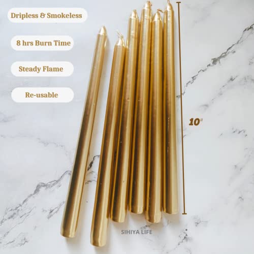 Set of 12 Gold Taper Candlesticks | 10 Inch (25cm) Tall Tapered Candles | Dripless Dinner Candle Sticks | Natural Wax with Cotton Wicks | 8 Hour Burn Time