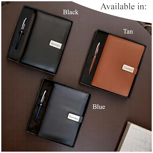 Image of SAVRI A5 Personalized Leather Diary & Engraved Pen - Custom Name Executive Notebook with Employee Name & Company Logo - Non-Dated, Joining Kit, Corporate Gift, Office, Travel & Birthday Gift (Blue)