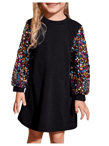 SOLY HUX Toddler Girl's Sparkly Sequin Dress Crew Neck Long Sleeve T Shirt Party Short Dresses