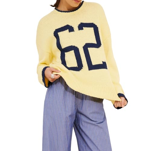 Women Y2k Knitted Jersey Shirts Graphic Number Sweater Oversized Knit Pullover Jumper Tops Fall Sweaters 2025