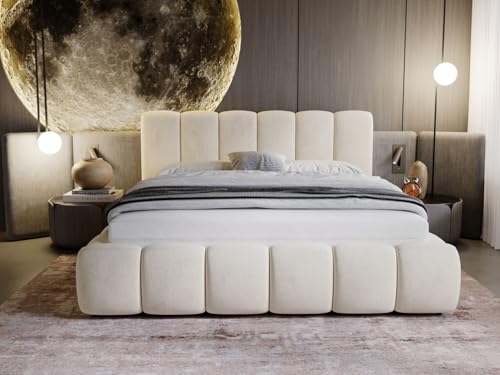 GRAINGOLD Cloud Bett 180x200, Polsterbett mit Bettkasten, Polsterbett mit Stauraum, Samt, mit Lattenrost, mit Kopfteil, ohne Matratze (Beige, 180x200)