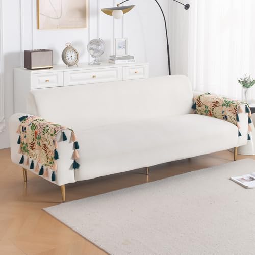 Image of HOKIPO Premium Sofa Armrest Cover (1 Pair) | Printed Holland Velvet with Tassels | 'Whispers of Nature' Beige Woodland Bloom (IN-1115-D4*2SM)