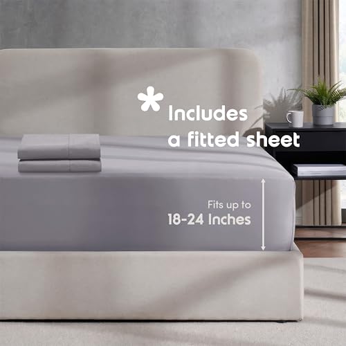 Image of Hearth & Harbor Grey Lavender Duvet Cover with Fitted Sheet Queen Size | 4 Piece Soft Double Brushed Bedding Set, Button Closure, 1 Duvet Cover 90x90 Inches, 1 Fitted Sheet, 2 Pillow Shams
