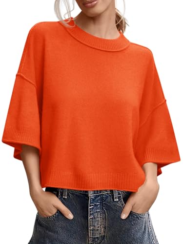 Image of Saodimallsu Womens Short Sleeve Sweater Summer Oversized Cropped Sweaters Casual Crewneck Lightweight Knit Tops