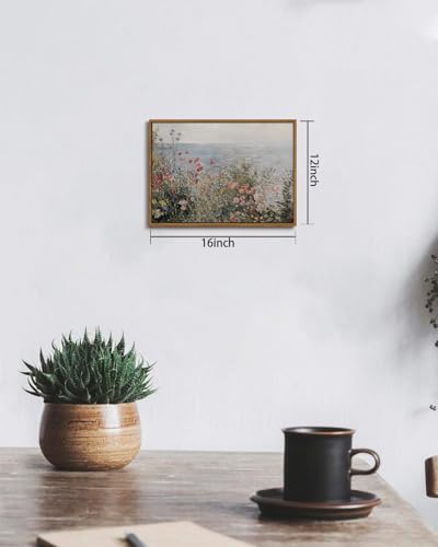 Image of KISSFOX Vintage Framed Wall Art Coastal Wildflowers Canvas Art Prints Rustic Farmhouse Pictures Wall Decor Cottagecore Summer Aesthetic Paintings Artwork For Kitchen Bedroom Living Room Bathroom
