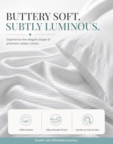 Image of LANE LINEN 100% Cotton Sheets Queen Size - 450 Thread Count Ultra Soft Sheet Set, Durable Bedding for Daily Use, Luxury Sateen Finish, Snug Fit 15 inch Deep Pocket Fitted Sheet - Tickling Stripe