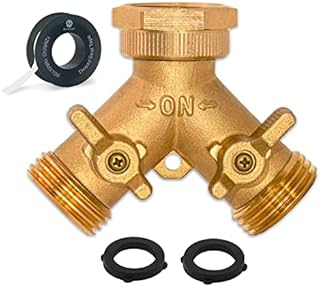 Morvat Heavy Duty Brass 2 way Y Splitter Garden Hose Connector with Comfortable Grip Shut Off Valves, Adapter for Water Tap, Outlet, and Spigot, Includes 2 Extra Rubber Washers and Teflon Tape