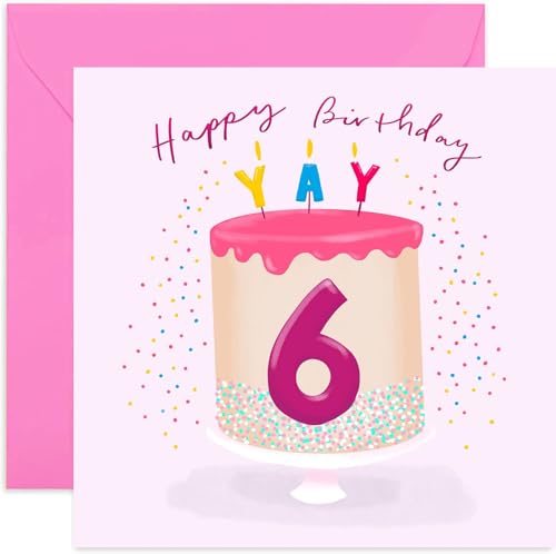 Old English Co. Pink Cake 6th Birthday Card - Girl Sixth Birthday Card | Daughter Grandaughter Niece | Blank Inside & Envelope Included