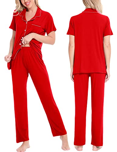 Image of SWOMOG Women Pajama Sets Two-Piece Nightwear Short Sleeve Sleepwear Button Down Pj Lounge Sets with Long Pants