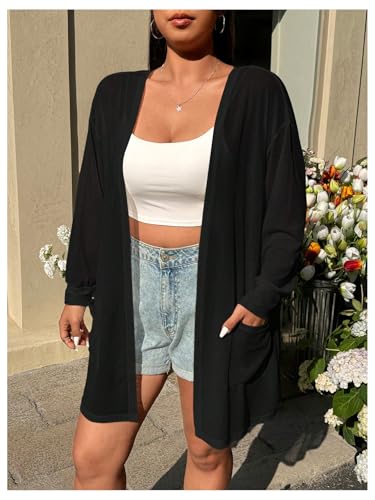 OYOANGLE Women's Plus Size Lightweight Open Front Cardigan Long Sleeve Draped Duster Outerwear with Pocket2