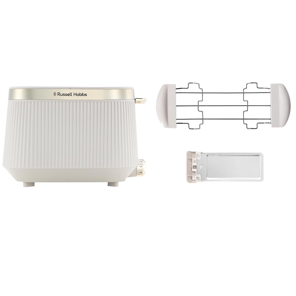 Russell Hobbs Grille pain [pour 2 tranches] Brontë Stone (6 réglages, finition beige mate, accents dorés, décongélation, réchauffage, surélévation, Lift et Look, support pour petits pains) 26761-56