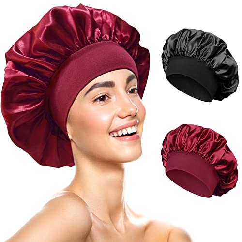 Redamancy 2 Stück Satin Bonnet, Satin Haarhaube, Haarhaube für Die Nacht, Seidenhaube zum Schlafen, Wiederverwendbare Silk Bonnet Seidenhaube, für Damen und Mädchen (Schwarz, Rot)