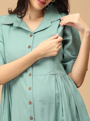 Image of The Mom Store Maternity & Nursing Midi Dress for Women | Pregnancy & Postpartum Wear | Cotton Flex Dress for New Mom | Trendy Stylish Comfortable Feeding Dress for Womens | Causal Office Formal Wear