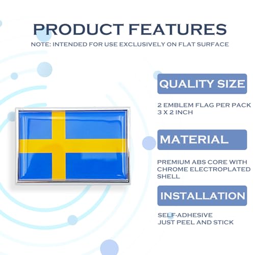Image of Sweden Flag Sticker Emblem Swedish Decal Car Chrome Flags, 2 Pack, 3 x 2 inches