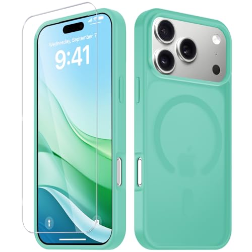 Image of YENAPOON for iPhone 17 Pro Max Case, Matte Magnetic Phone Cover [with 1 Screen Protector] [Support for MagSafe] [Shockproof Military Grade Protection] Translucent Frosted Back, Teal