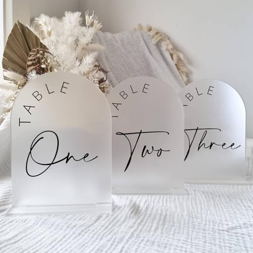 JINMURY Frosted Arch Wedding Table Numbers 1-10 with Stands, 5x7 Inch Frosted Arch Acrylic Sign with Black Letters, Arched Acrylic Table Numbers for Wedding Reception