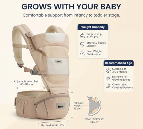 Image of GOLDEN BEE Baby Carrier with 4 Carry Positions, Adjustable Hip Seat Belt, Hip Seat Baby Carrier Bag 4 to 36 Months Baby, New-Born to Toddler Carrier, Ergonomic Baby Carry Bag up to 20kg (Beige)