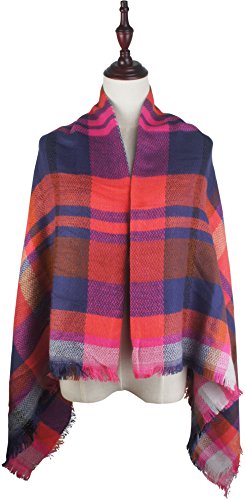 VIVIAN & VINCENT Women\'s Plaid Blanket Winter Scarf Warm Wrap Oversized Shawl Cape Pink Blue