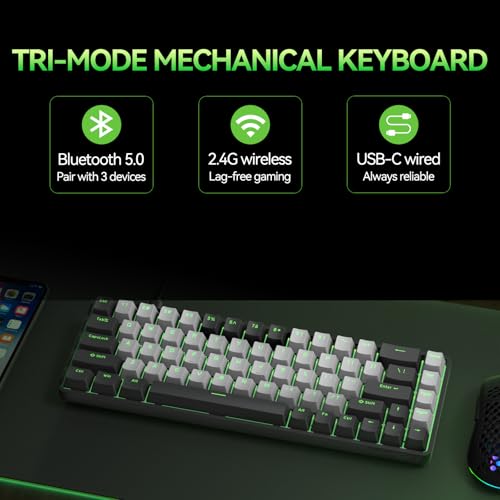 Image of TMKB T68 60% Wireless Mechanical Gaming Keyboard, Tri-Mode BT5.0 /2.4GHz /USB-C with Blue Switch, RGB Backlight, Anti-Ghosting, Compact 68 Keys, Wired /Wireless, Black /Gray