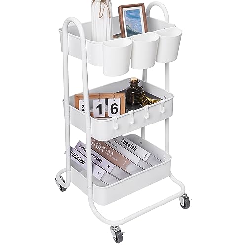 Image of IAMFAN 3-Tier Metal Rolling Utility Cart,Storage Carts with Handle and Lockable Wheels,Art Cart Organizer,Craft Cart,Roller Cart for Office,Bedroom,Living Room,Kitchen,Bathroom,White