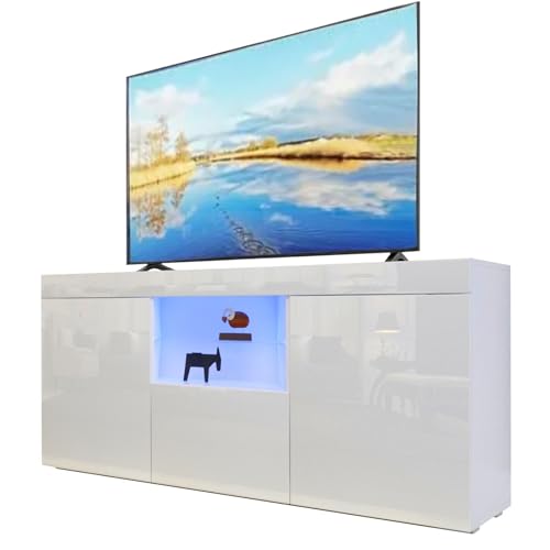 Dripex Meuble TV LED Blanc Brillant Moderne - 135x33.5x70cm Casier, Armoires de Rengement à Haute Brillance