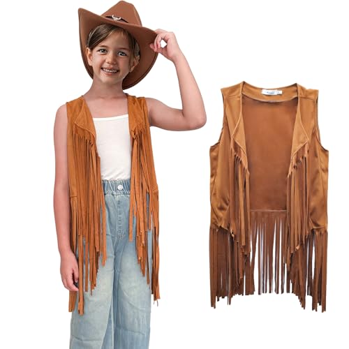 Girls Kids Fringe Vest Sleeveless Western Cowgirl Vest 60s 70s Hippie Faux Suede Tassels Jacket for Kids 5-12Years