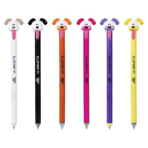 Il set include sei colori di fusto – bianco, nero, arancio, fucsia, viola e giallo – tutti coronati da un simpatico cagnolino 3D che mette allegria a scuola, in ufficio o a casa. Il corpo slim è leggero ma resistente agli urti, garantendo una presa confortevole anche durante sessioni di scrittura prolungate.