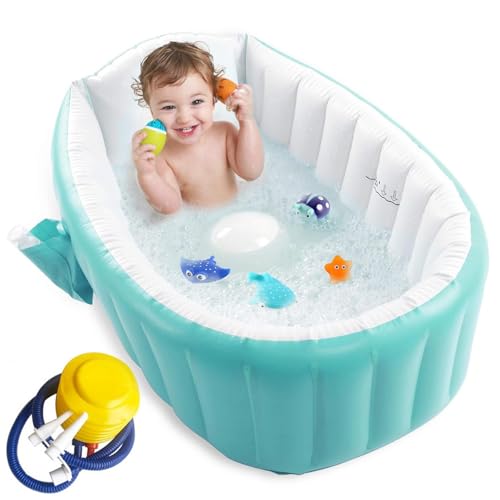 Image of Baby Inflatable Bathtub, Portable Infant Toddler Bathing Tub Non Slip Travel Bathtub Mini Air Swimming Pool Kids Thick Foldable Shower Basin with Air Pump, for Baby Kids 0 to 3 Years