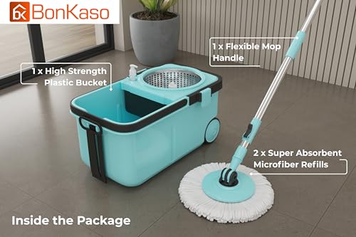 Image of BonKaso Rider 360 Spin Mop with Stainless Steel Wringer, Big Wheels & Adjustable Handle, Easy Floor Cleaning Mop Bucket Set with 2 Microfiber Refills - Sky Blue & Black